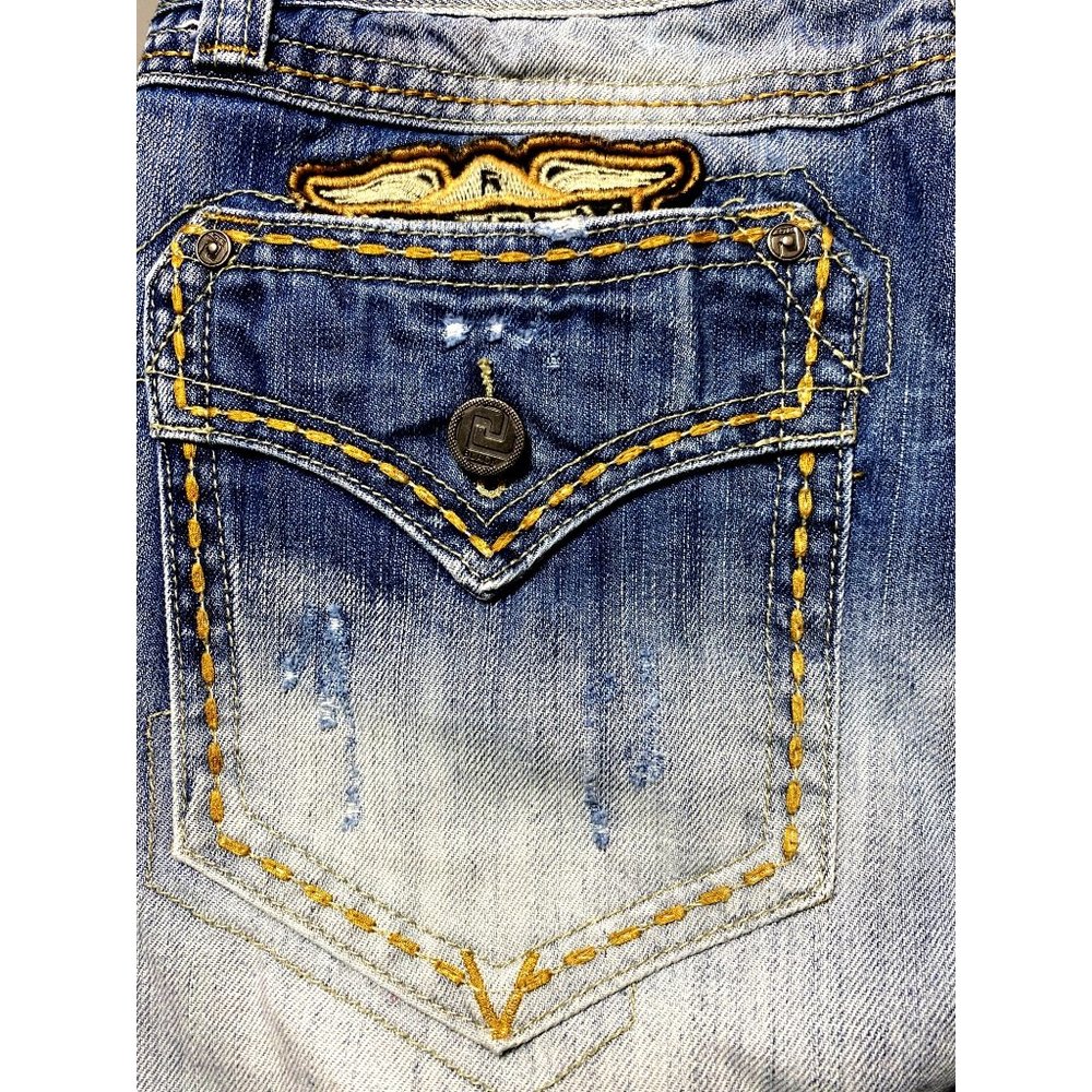 CJ Black Jeans Men 32x32 Big Hit Back Pockets Deco Button Distressed Indian Head - Picture 4 of 8